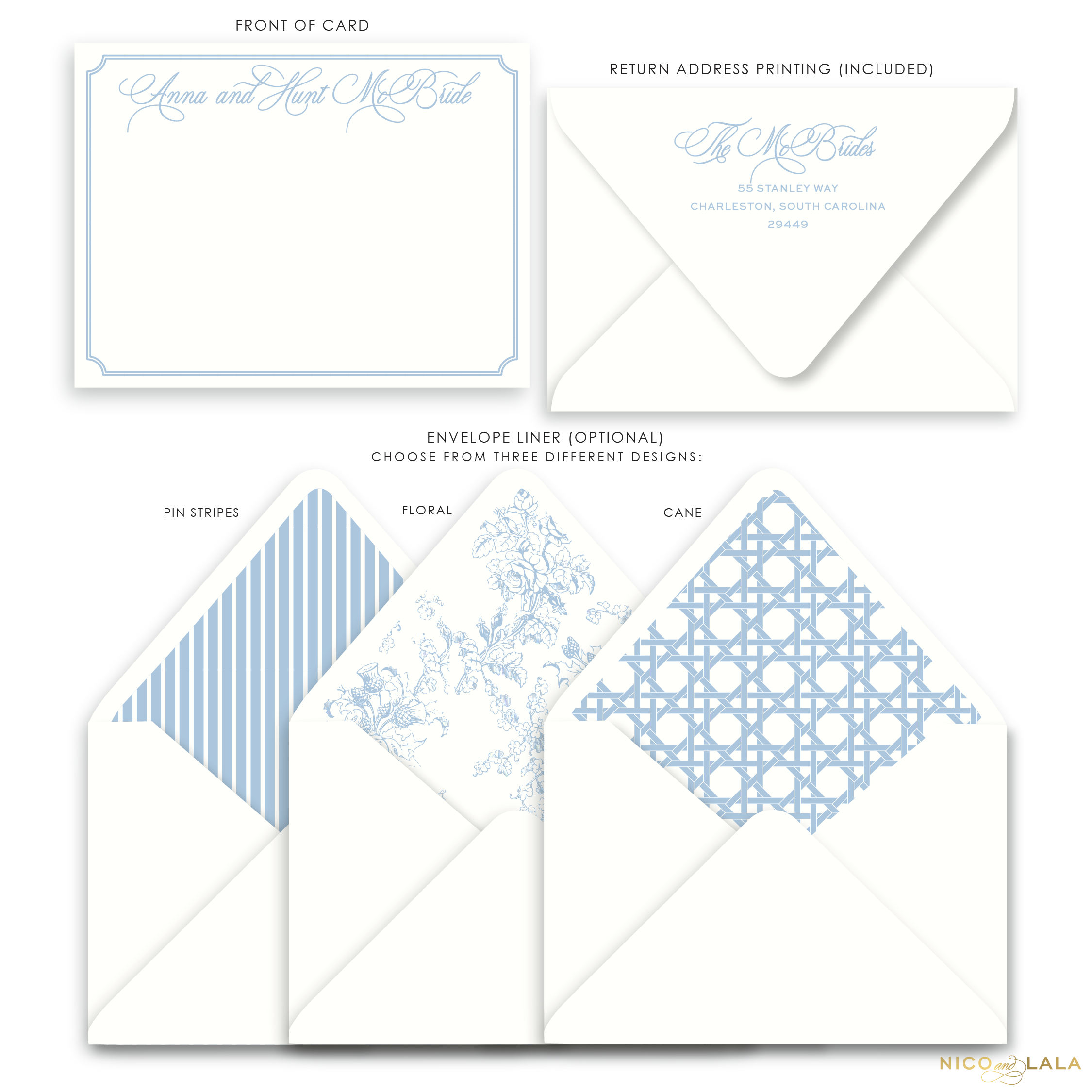 Charleston Flat Card Stationery with Name, French Blue