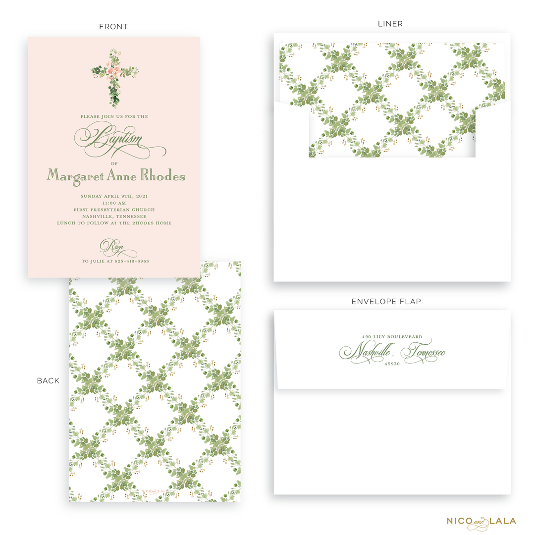 Greenery Cross Baptism Invitations, Pink