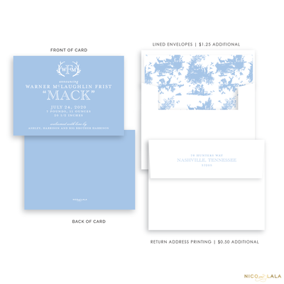 Hunting Toile Birth Announcement, Light Blue