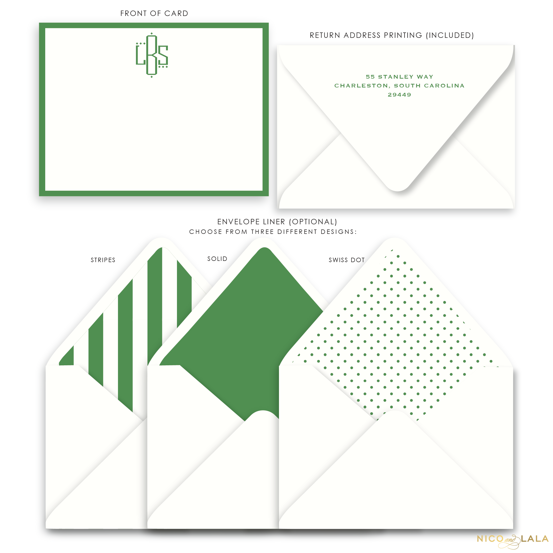 Oxford Flat Card Stationery with Monogram, Grass Green