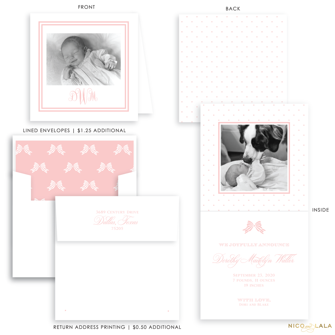 Swiss Dot Folded Birth Announcement, Pink