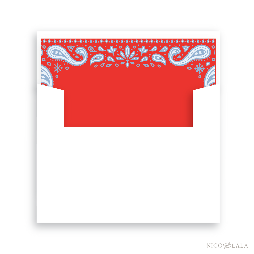 Envelope featuring an Americana inspired liner in red, white and blue bandana-patterned top border. This envelope matches our Bandana Christmas Card.