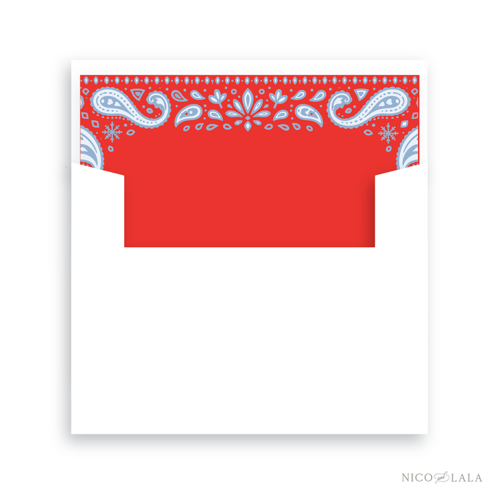 Envelope featuring an Americana inspired liner in red, white and blue bandana-patterned top border. This envelope matches our Bandana Christmas Card.