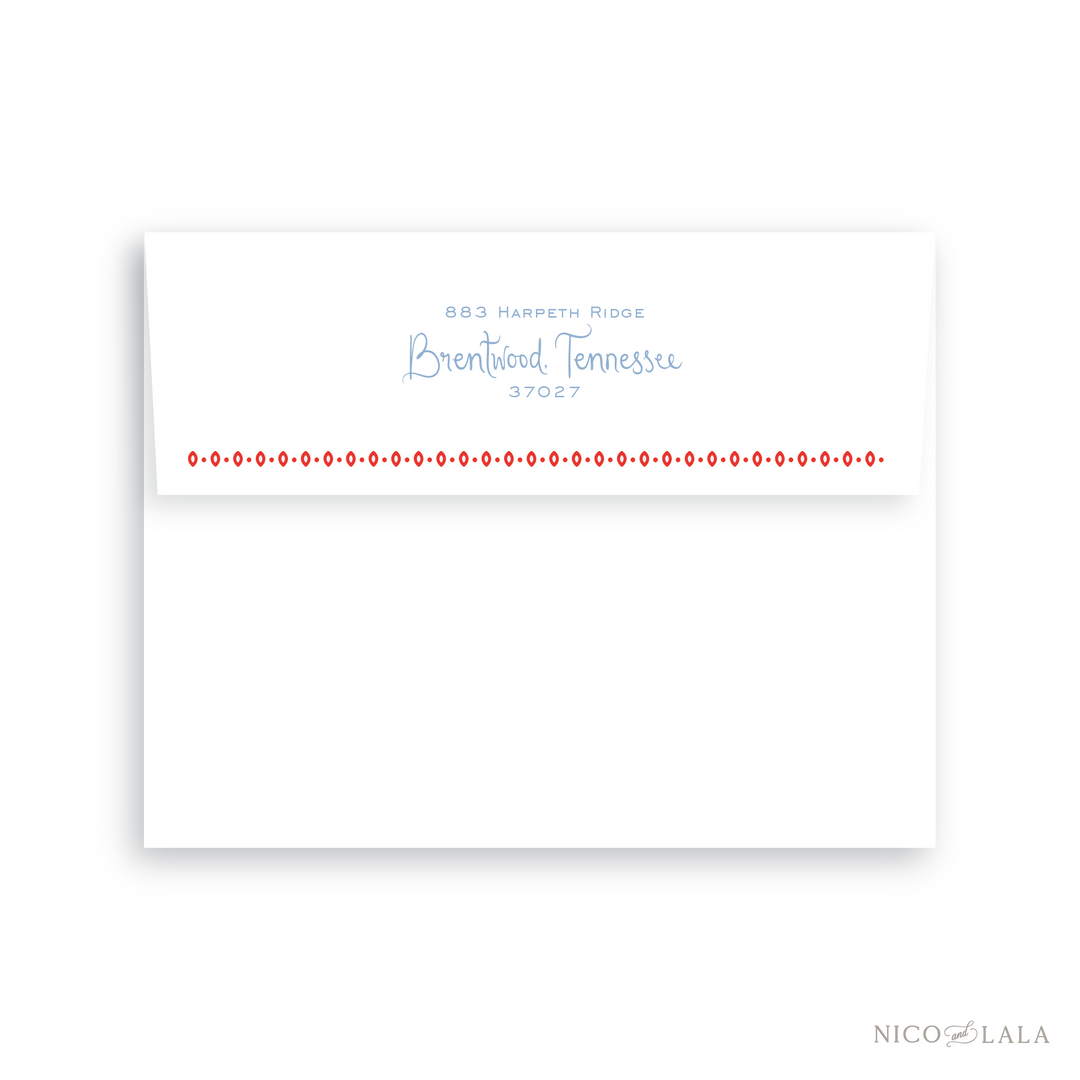 This envelope return address printing option is available as an add to our Bandana Christmas Card. This features a coordinating block and script font for your address and decorative border. 