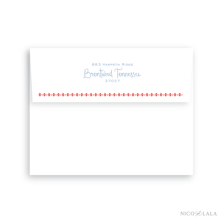 This envelope return address printing option is available as an add to our Bandana Christmas Card. This features a coordinating block and script font for your address and decorative border. 