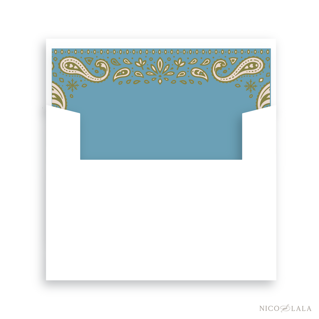 Envelope featuring a green bandana-patterned top border with white and olive green paisley and floral motifs. This envelope matches our Bandana Christmas Card.