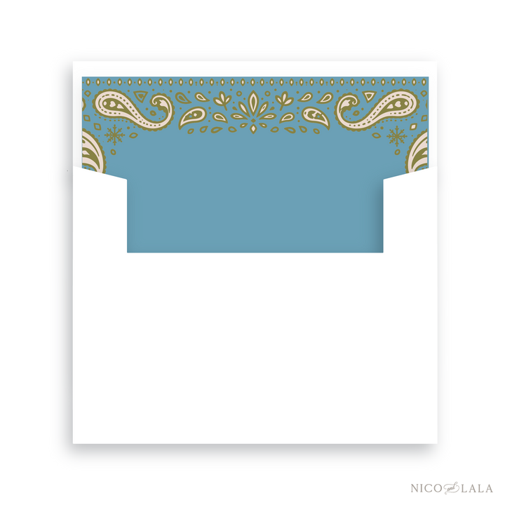 Envelope featuring a green bandana-patterned top border with white and olive green paisley and floral motifs. This envelope matches our Bandana Christmas Card.