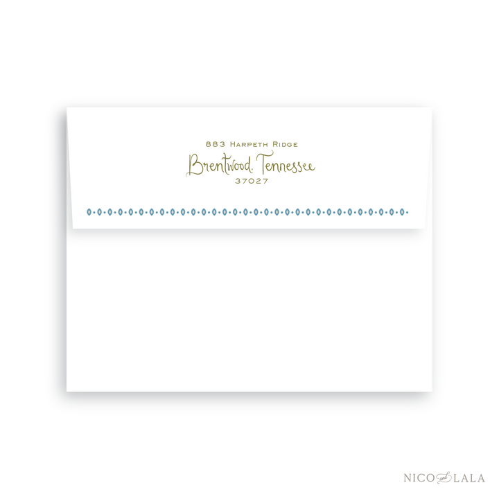 This envelope return address printing option is available as an add to our Bandana Christmas Card. This features a coordinating block and script font for your address and decorative border. 