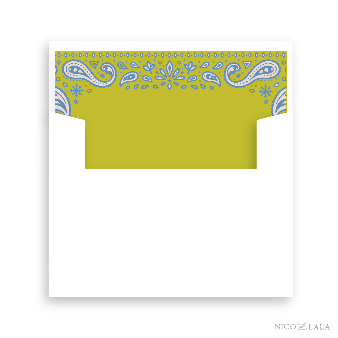 Envelope featuring a chartreuse bandana-patterned top border with white and periwinkle paisley and floral motifs. This envelope matches our Bandana Christmas Card.