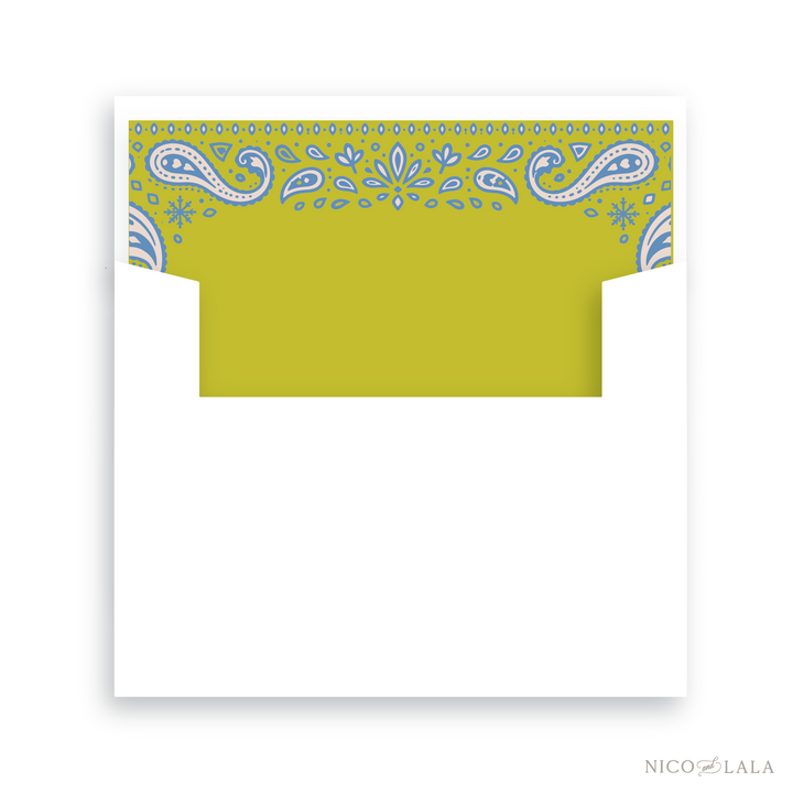 Envelope featuring a chartreuse bandana-patterned top border with white and periwinkle paisley and floral motifs. This envelope matches our Bandana Christmas Card.