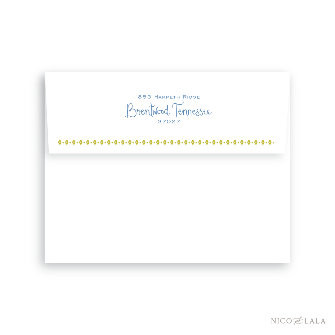 This envelope return address printing option is available as an add to our Bandana Christmas Card. This features a coordinating block and script font for your address and decorative border. 