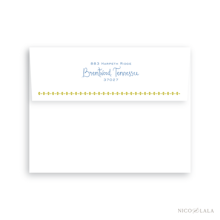 This envelope return address printing option is available as an add to our Bandana Christmas Card. This features a coordinating block and script font for your address and decorative border. 