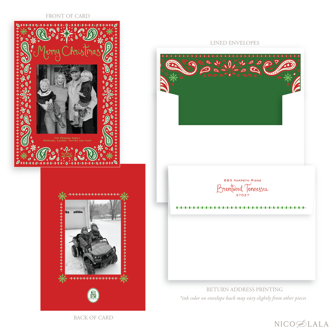 Bandana Christmas Card, Red and Green