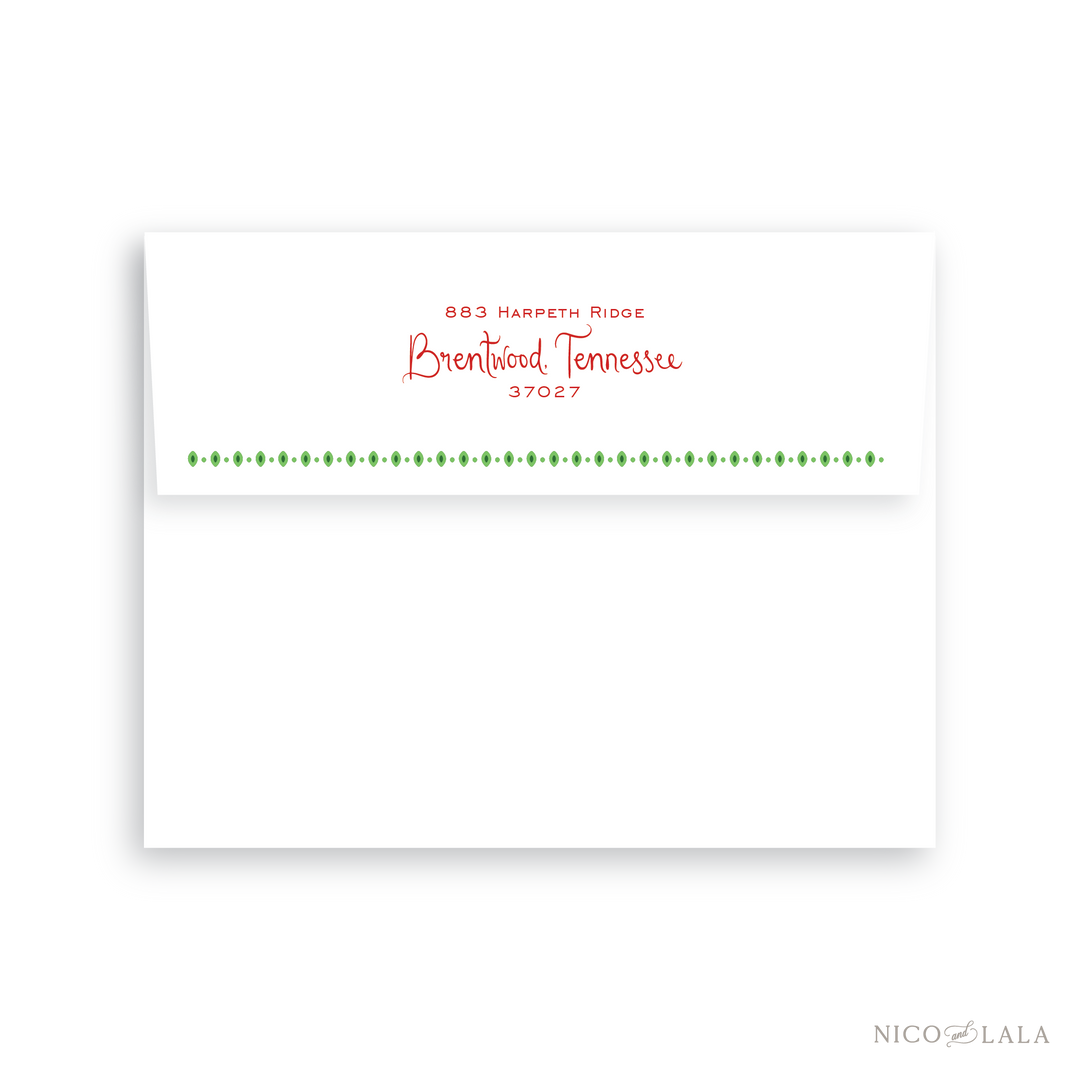 This envelope return address printing option is available as an add to our Bandana Christmas Card. This features a coordinating block and script font for your address and decorative border. 