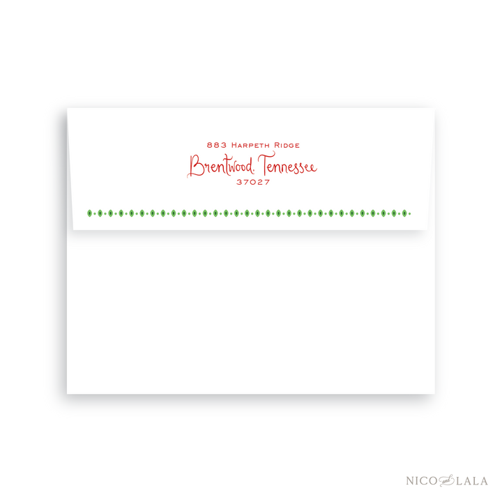 This envelope return address printing option is available as an add to our Bandana Christmas Card. This features a coordinating block and script font for your address and decorative border. 