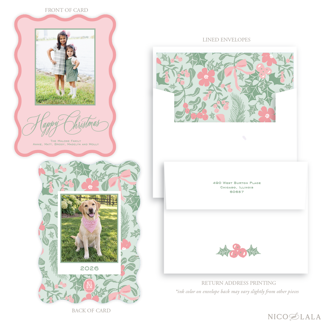 Botanical Die Cut Christmas Card, Pink and Sage