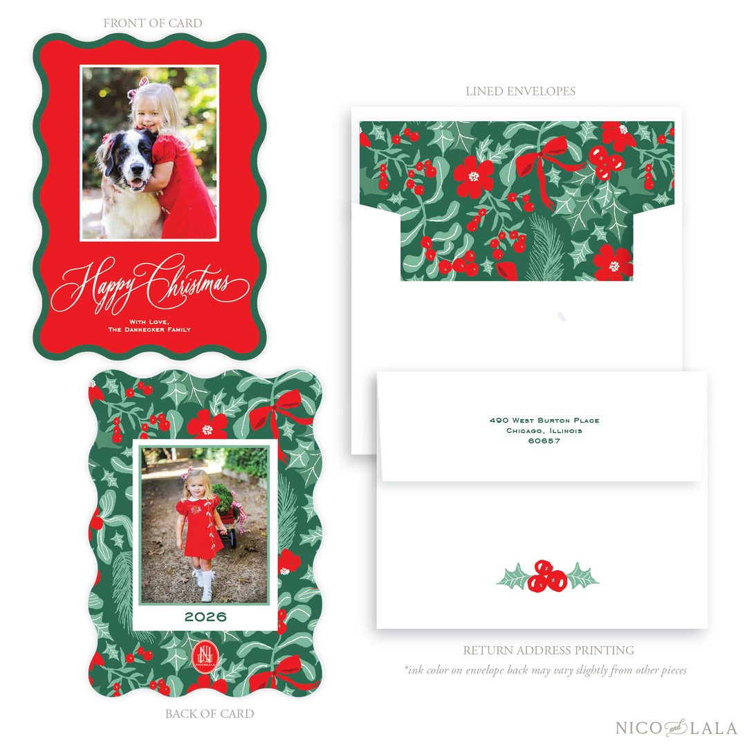 Botanical Die Cut Christmas Card, Red and Green