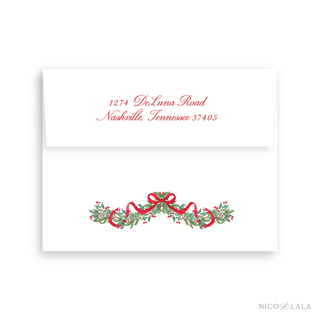 Bow Garland Christmas Card Return Address Printing