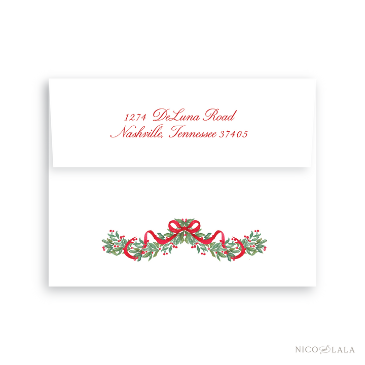 Bow Garland Christmas Card Return Address Printing