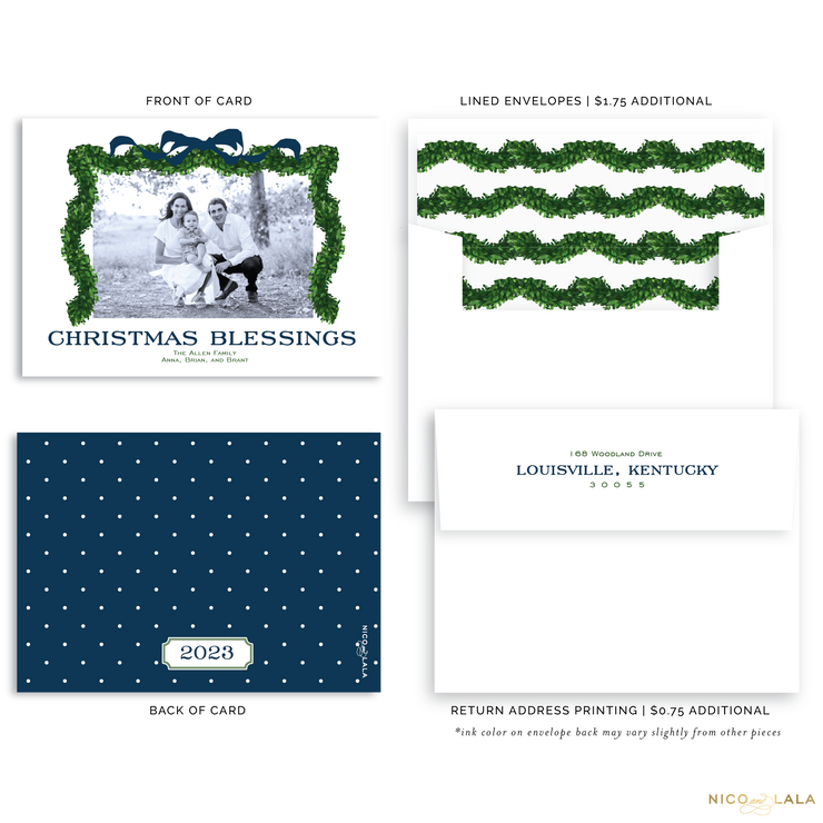 Boxwood Blessings Christmas Card, Navy