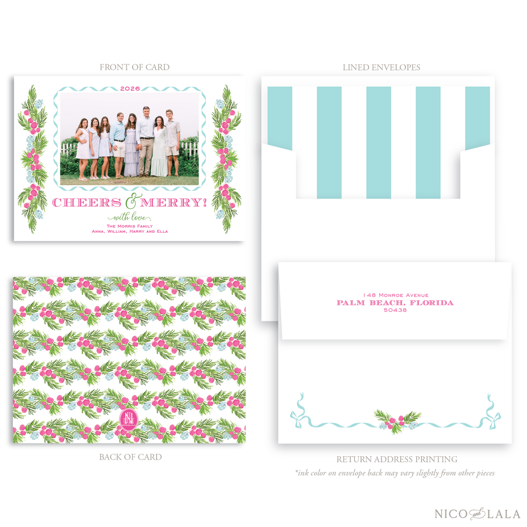 Festive Sprig Christmas Card, Hot Pink and Aqua