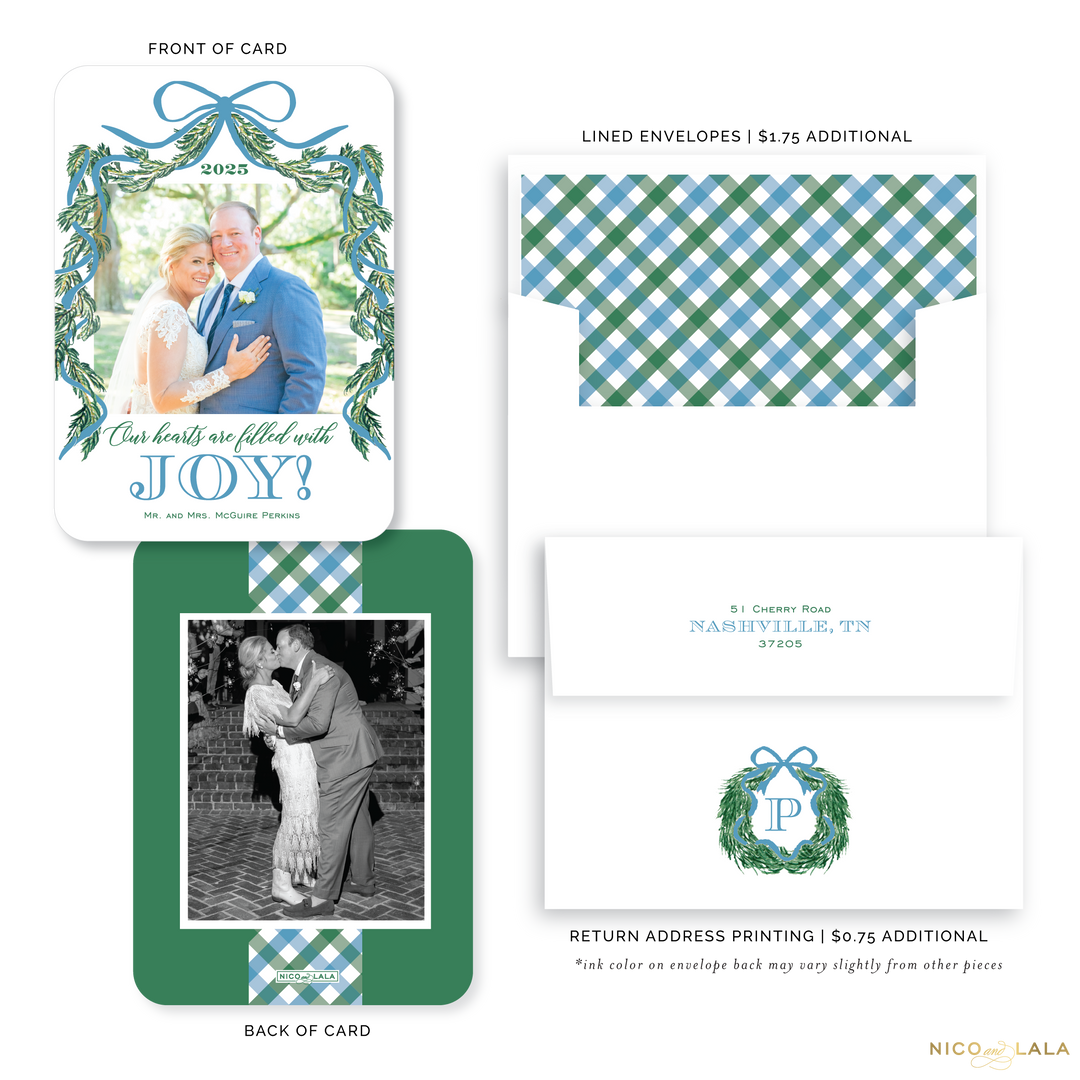 Joy Christmas Card with Rounded Corners, French Blue and Green
