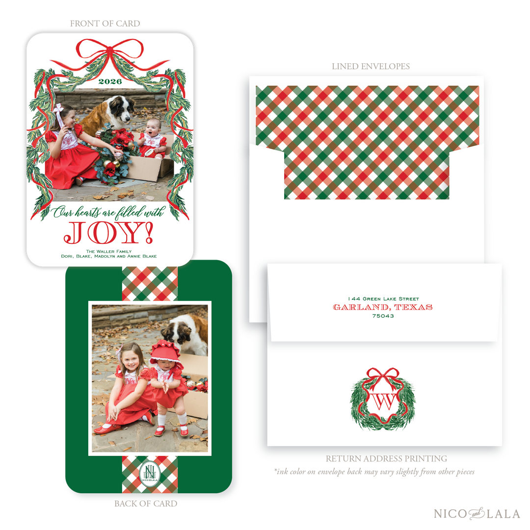 Joy Christmas Card with Rounded Corners, Red and Green
