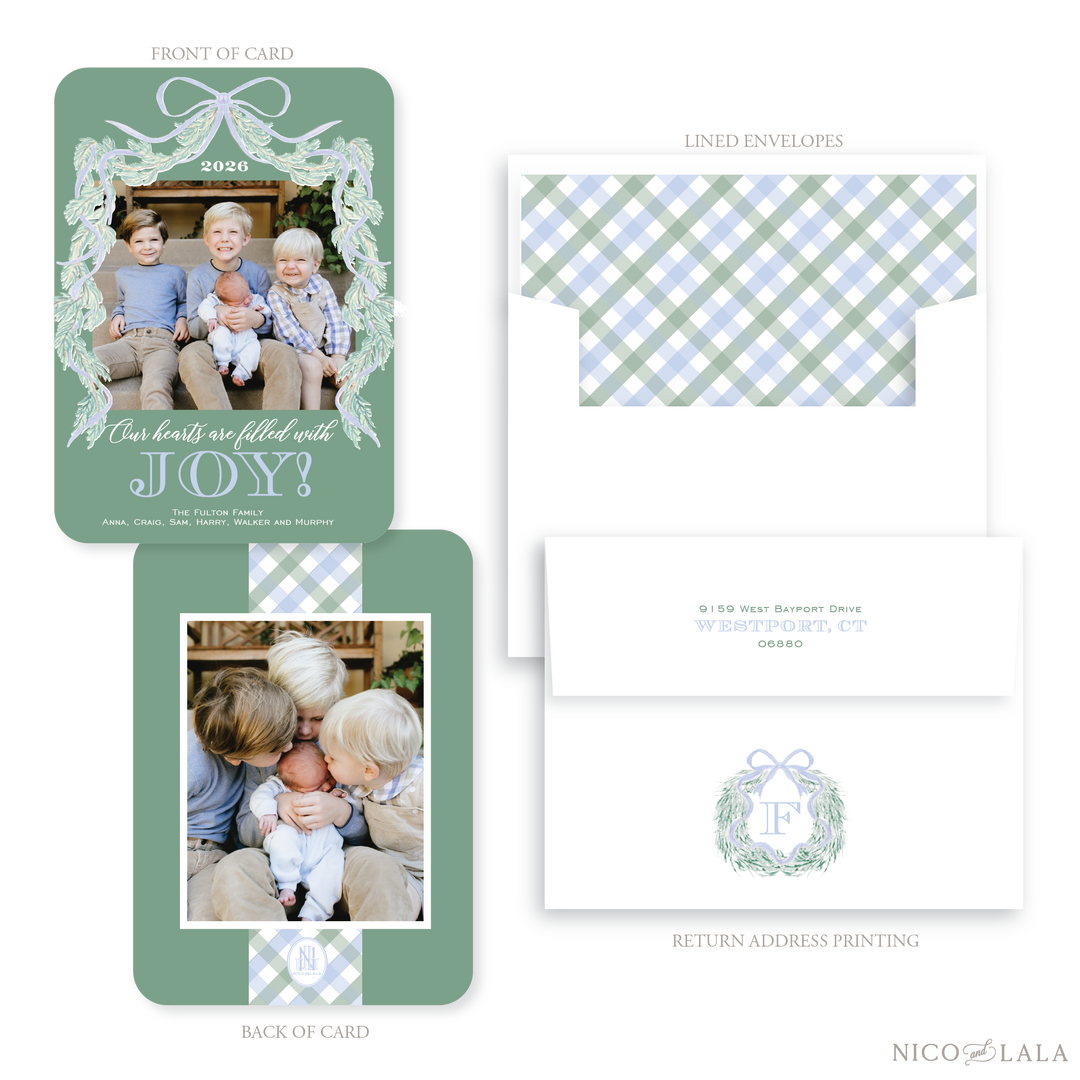 Joy Christmas Card with Rounded Corners, Sage and Blue