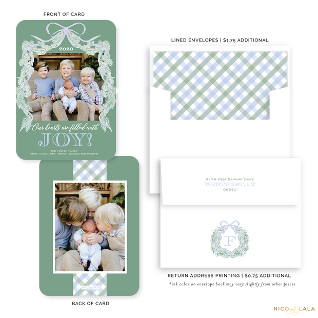 Joy Christmas Card with Rounded Corners, Sage and Blue