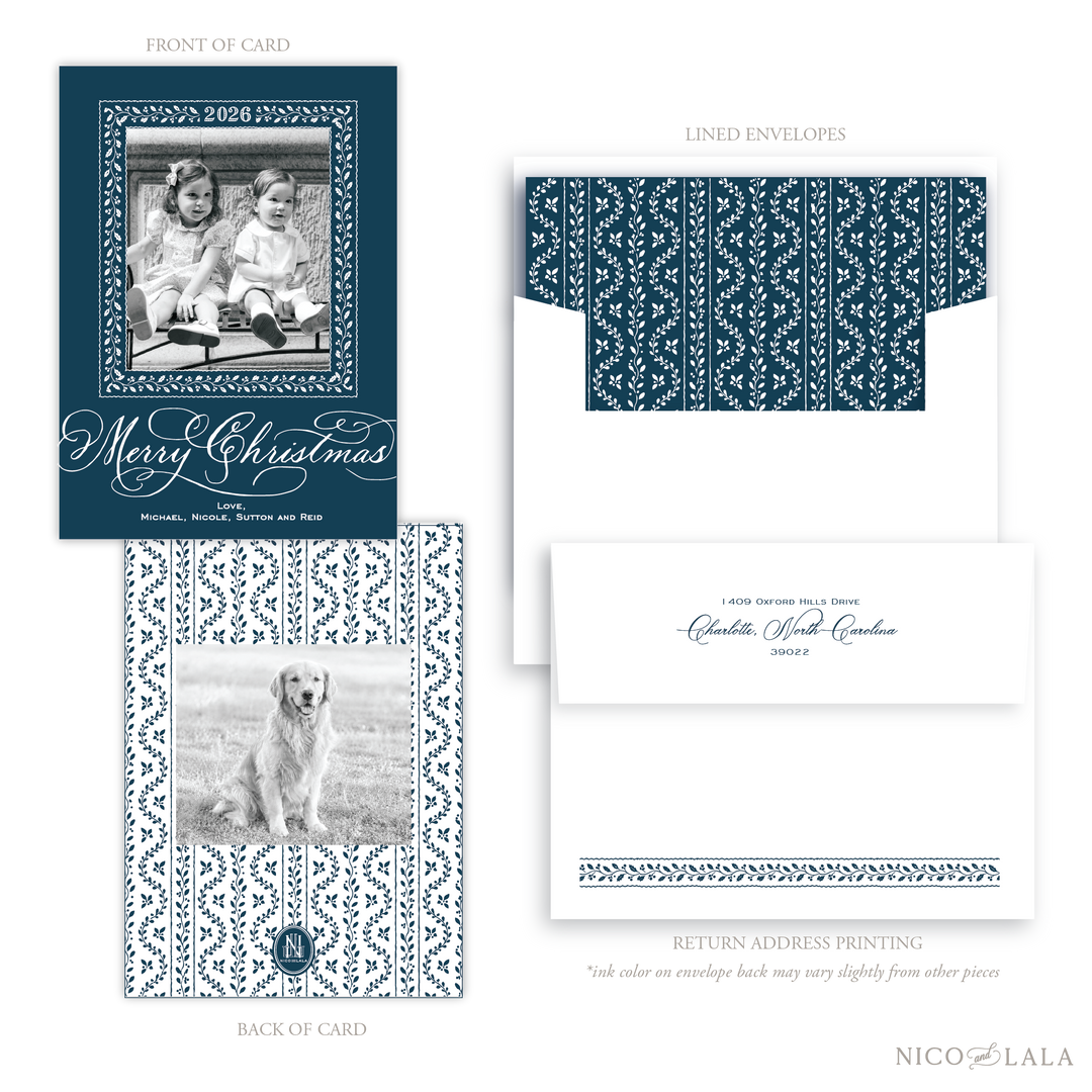 Grandmillenial Holly Merry Christmas Card, Navy