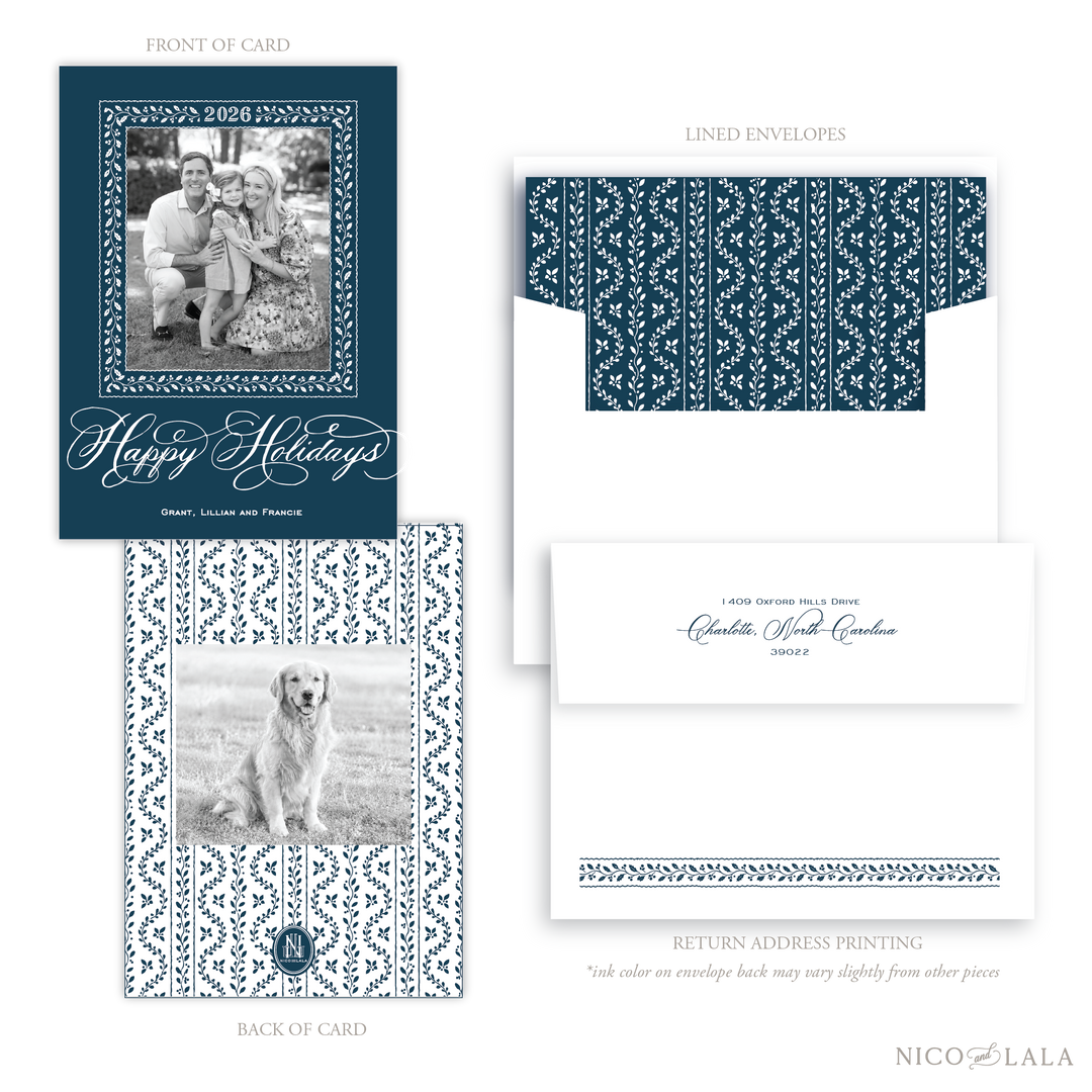 Grandmillenial Holly Christmas Card, Navy