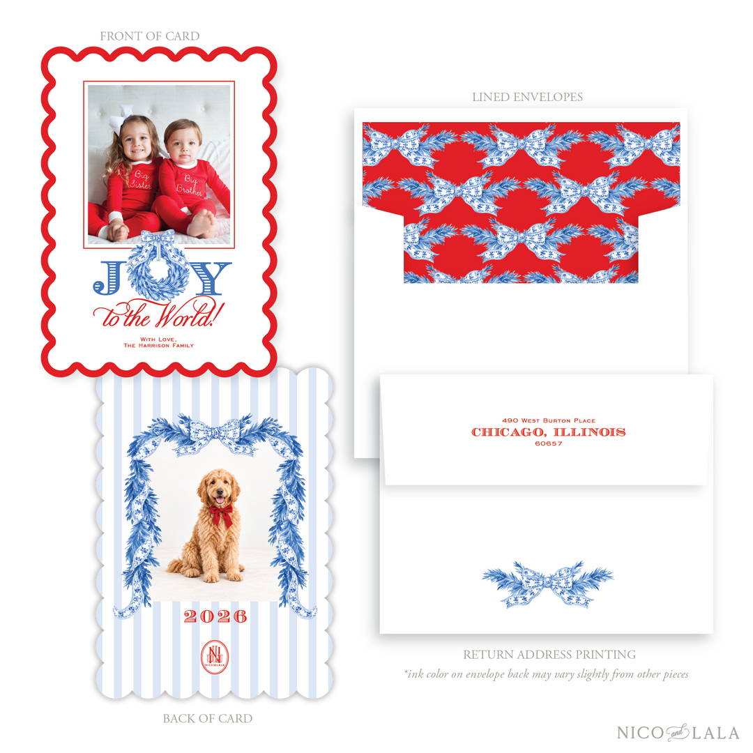 Joy Wreath Die Cut Christmas Card, Red and Blue