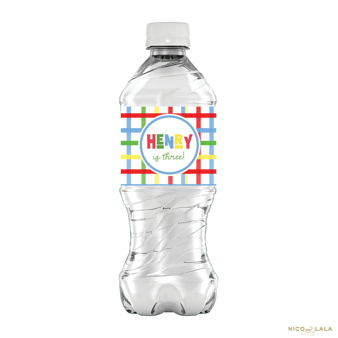 Primary Plaid Birthday Water Bottle Labels