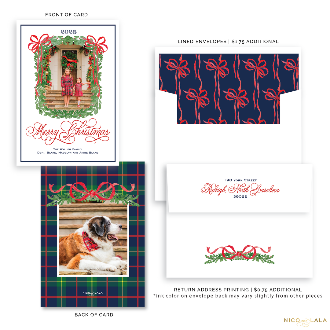 Ribbon Garland Christmas Card, Navy and Red