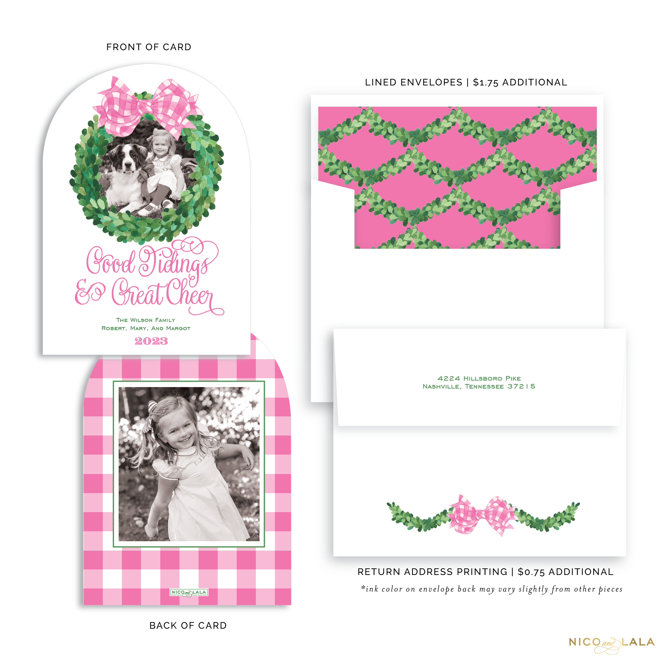 Wreath and Bow Die Cut Christmas Card, Pink
