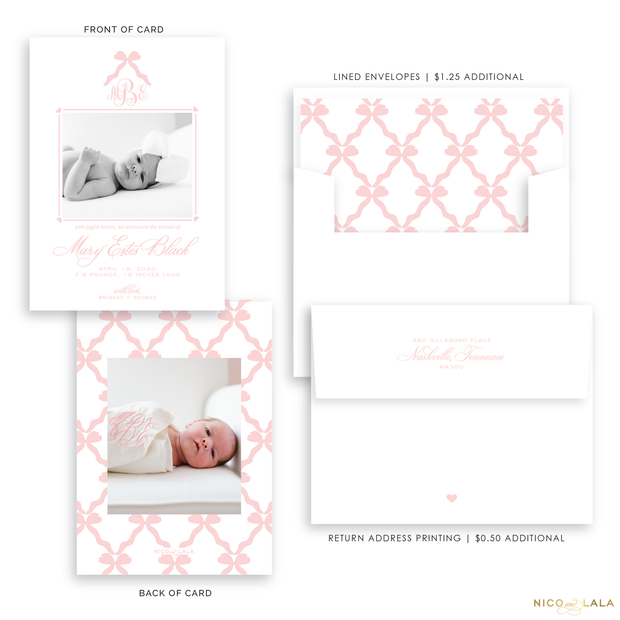 Bow Birth Announcement, Pink