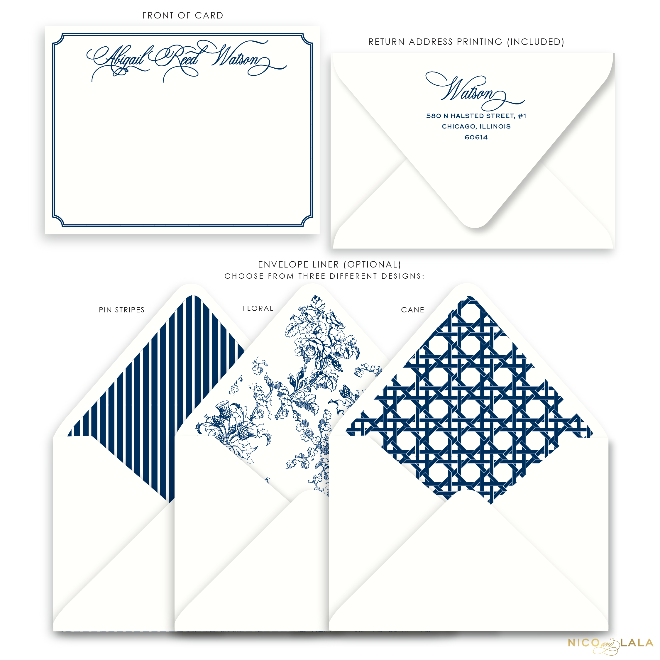 Charleston Flat Card Stationery with Name, Navy Blue