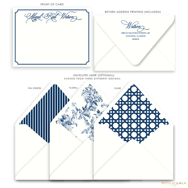 Charleston Flat Card Stationery with Name, Navy Blue