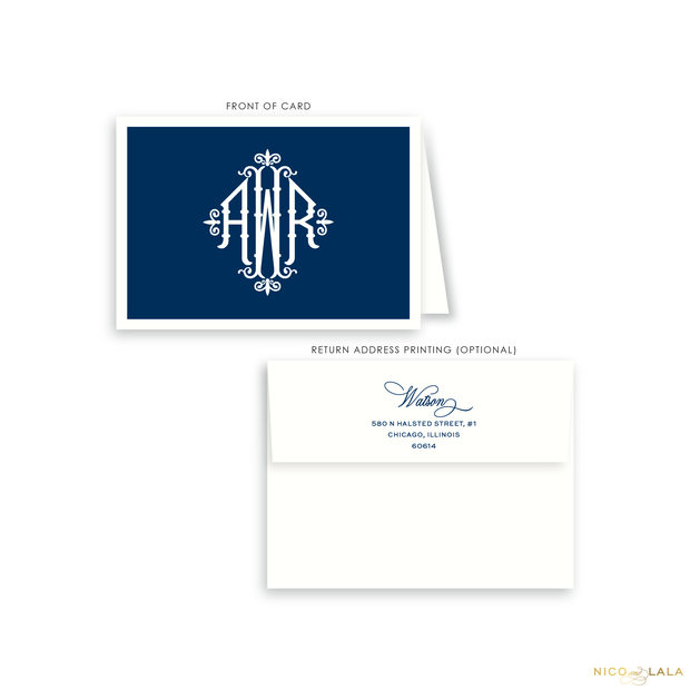 Charleston Monogram Folded Card Stationery, Navy Blue