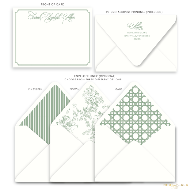 Charleston Flat Card Stationery with Name, Sage Green