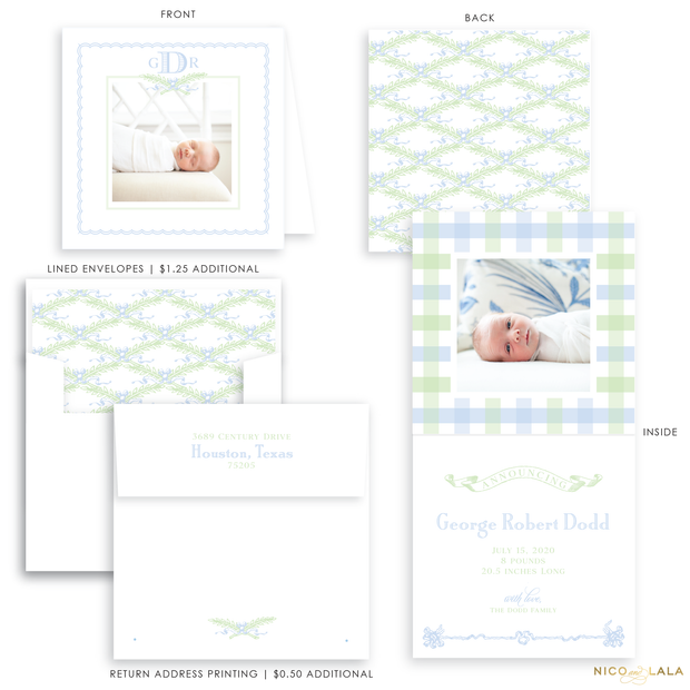 Garden Greenery Folded Birth Announcement, Blue and Green