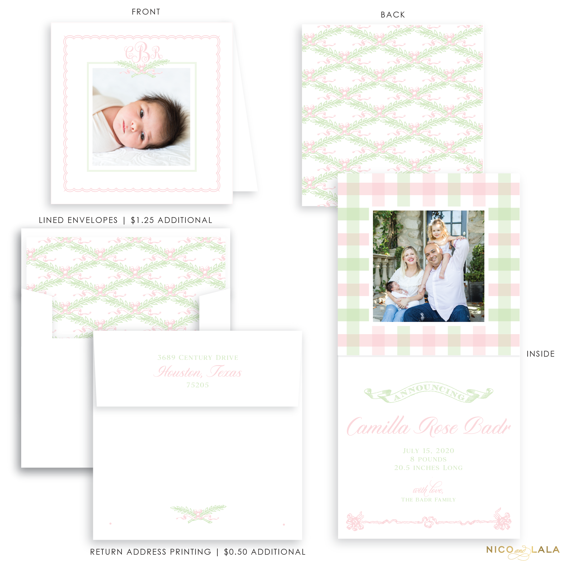 Garden Greenery Folded Birth Announcement, Pink and Green