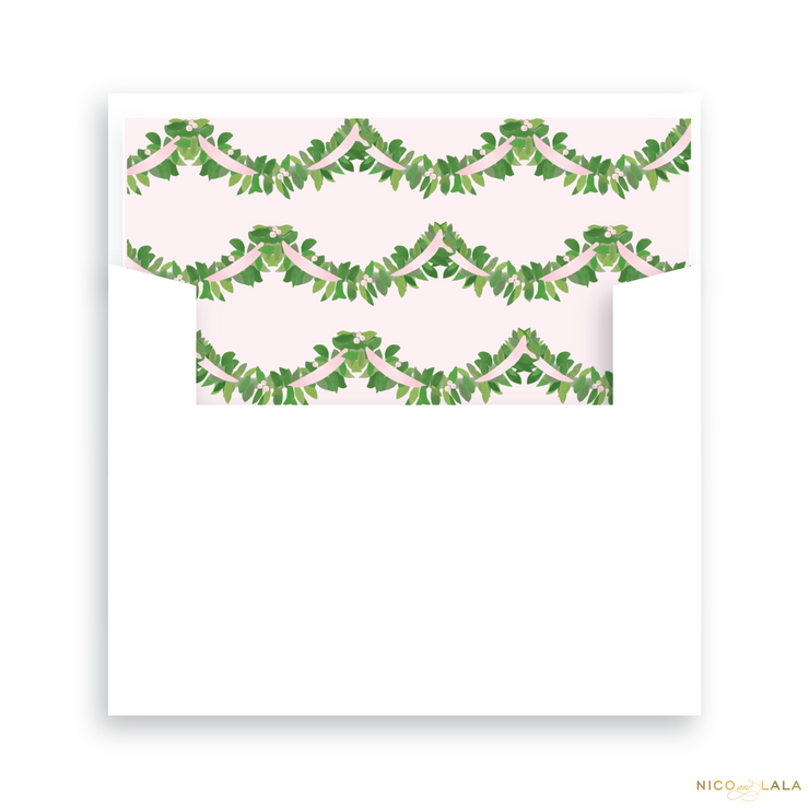 Garland Toile Christmas Card Birth Announcement Lined Envelopes