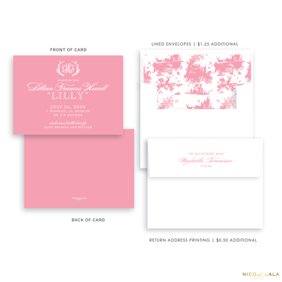 Hunting Toile Birth Announcement, Flamingo Pink