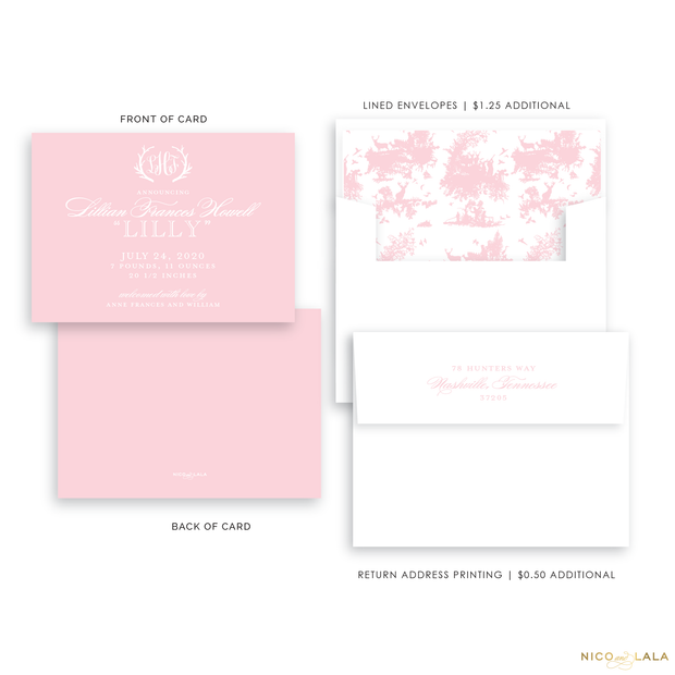 Hunting Toile Birth Announcement, Light Pink