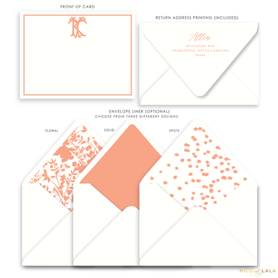 Magnolia Flat Card Stationery with Monogram, Coral