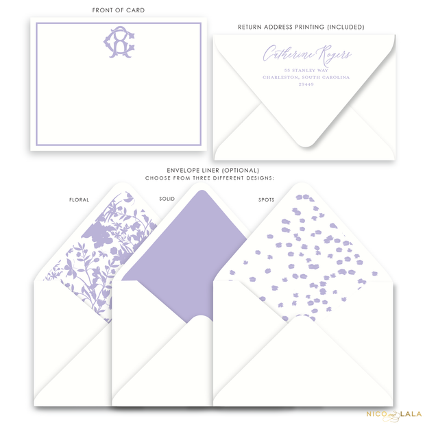 Magnolia Flat Card Stationery with Monogram, Lilac