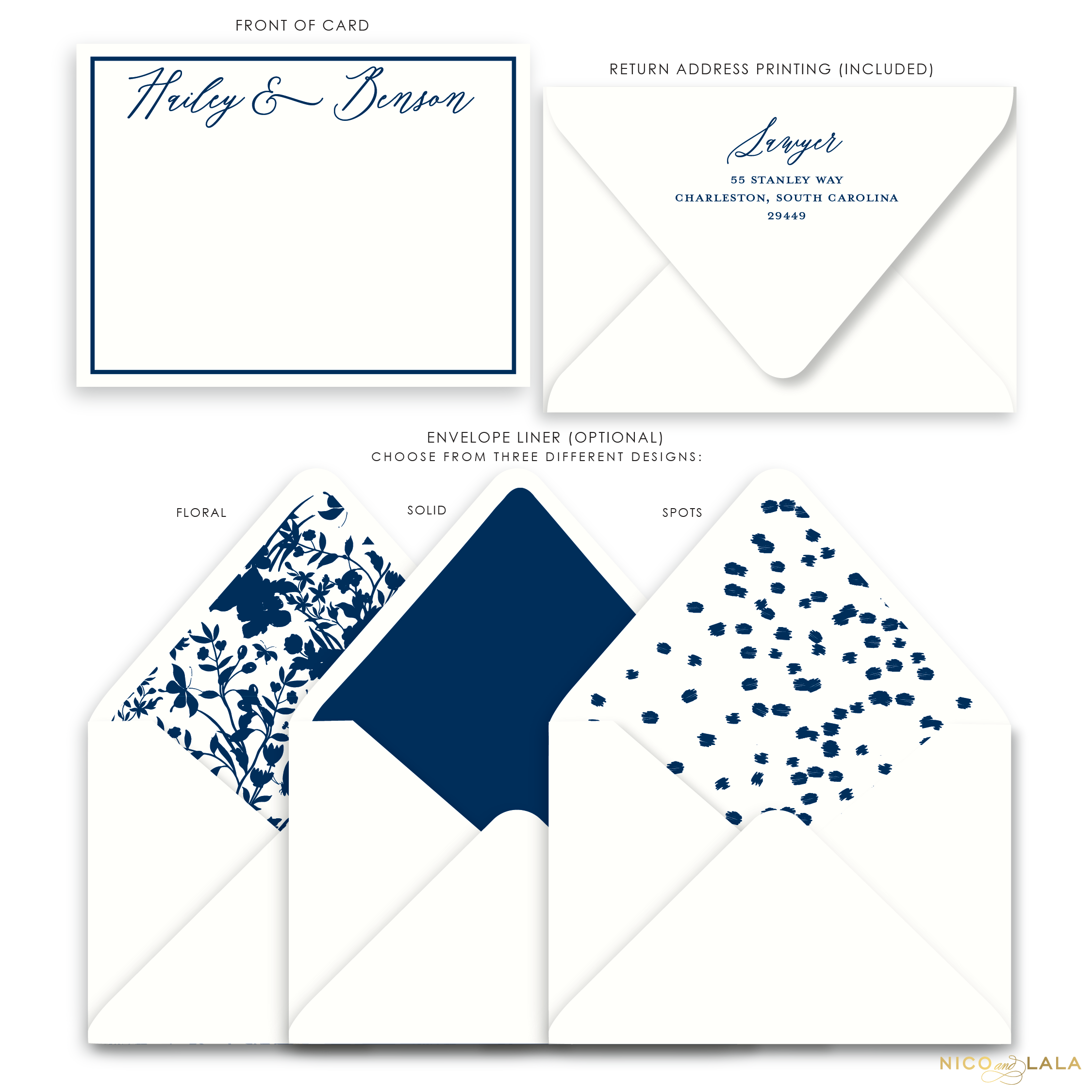 Magnolia Flat Card Stationery with Name, Navy
