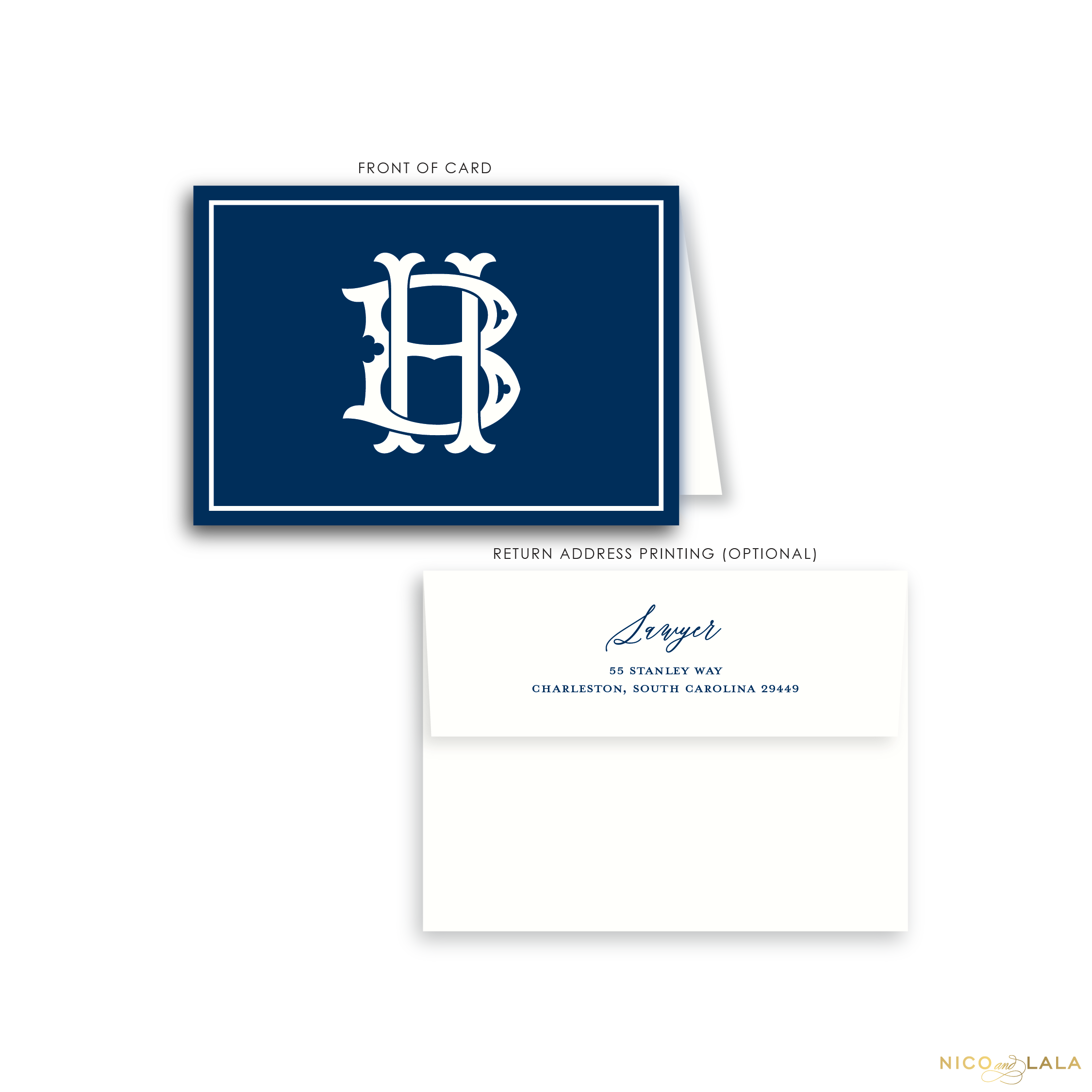 Magnolia Monogram Folded Card Stationery, Navy Blue