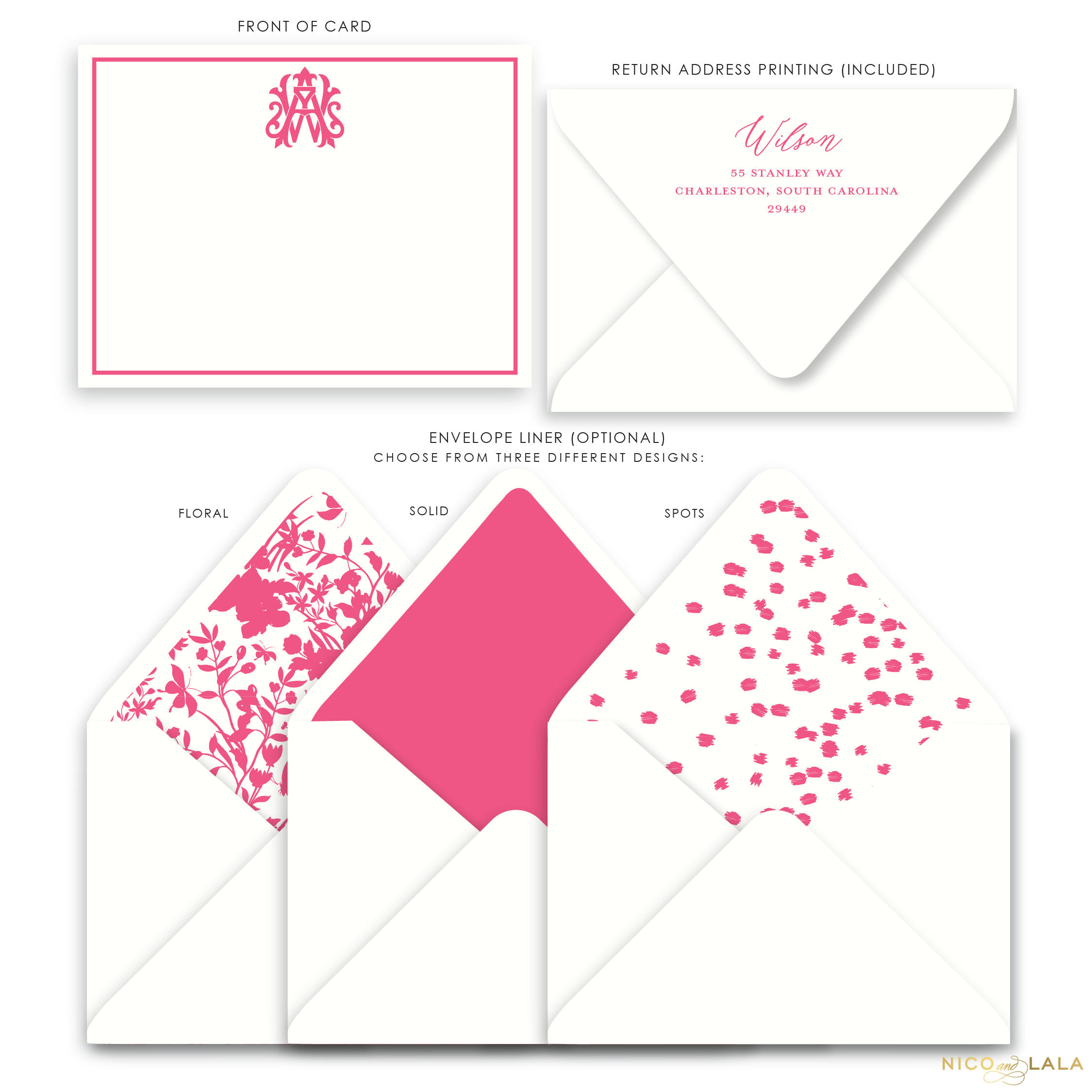 Magnolia Flat Card Stationery with Monogram, Berry Pink